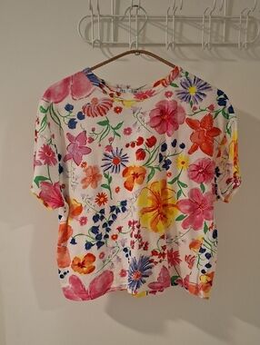 Zara Relaxed-fit Cropped/Boxy Vibrant White & Floral Print Cotton Tee (Size S)